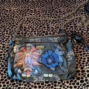 Desigual denim print and appliqué small crossbody/clutch handbag